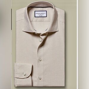 Charles Tyrwhitt dress shirt, stone check non-iron cotton linen classic  16.5